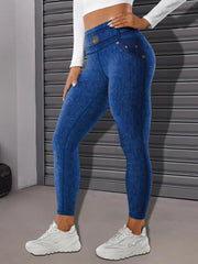 Faux Denim Print Yoga Leggings High Waist Butt Lifting Tummy Control