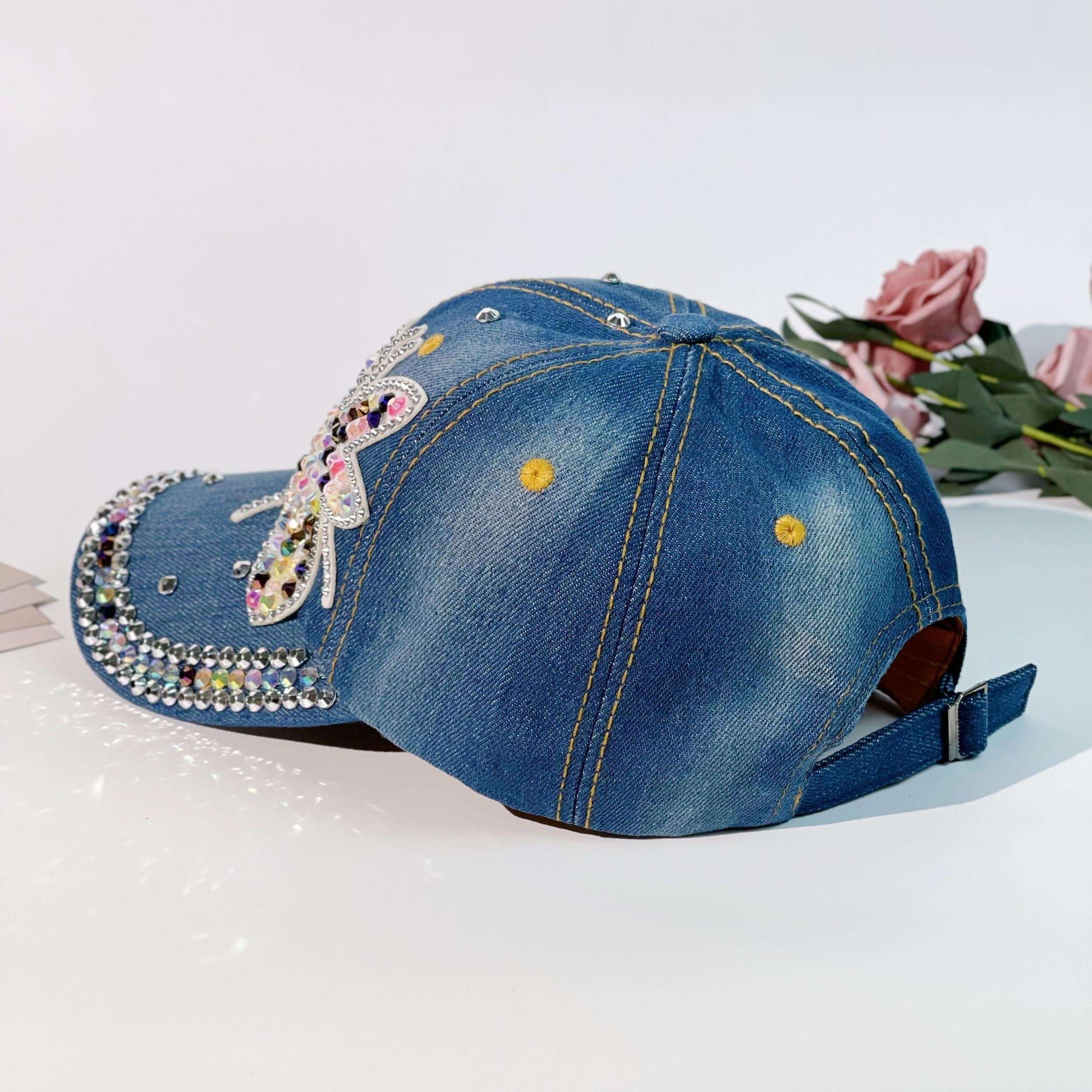 Y2K Butterfly Patch Denim Baseball Cap Rhinestone Decor