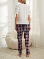 Print Pajama Set Short Sleeve Top & Plaid Lounge Pants Sleepwear
