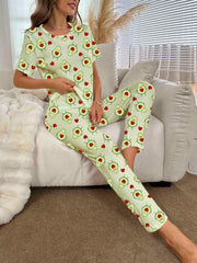 Avocado Print Pajama Set Short Sleeve Crew Neck Top & Pants Women's Sleepwear