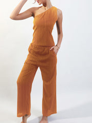 Ribbed Two piece Set One Shoulder Top & Wide Leg Pants