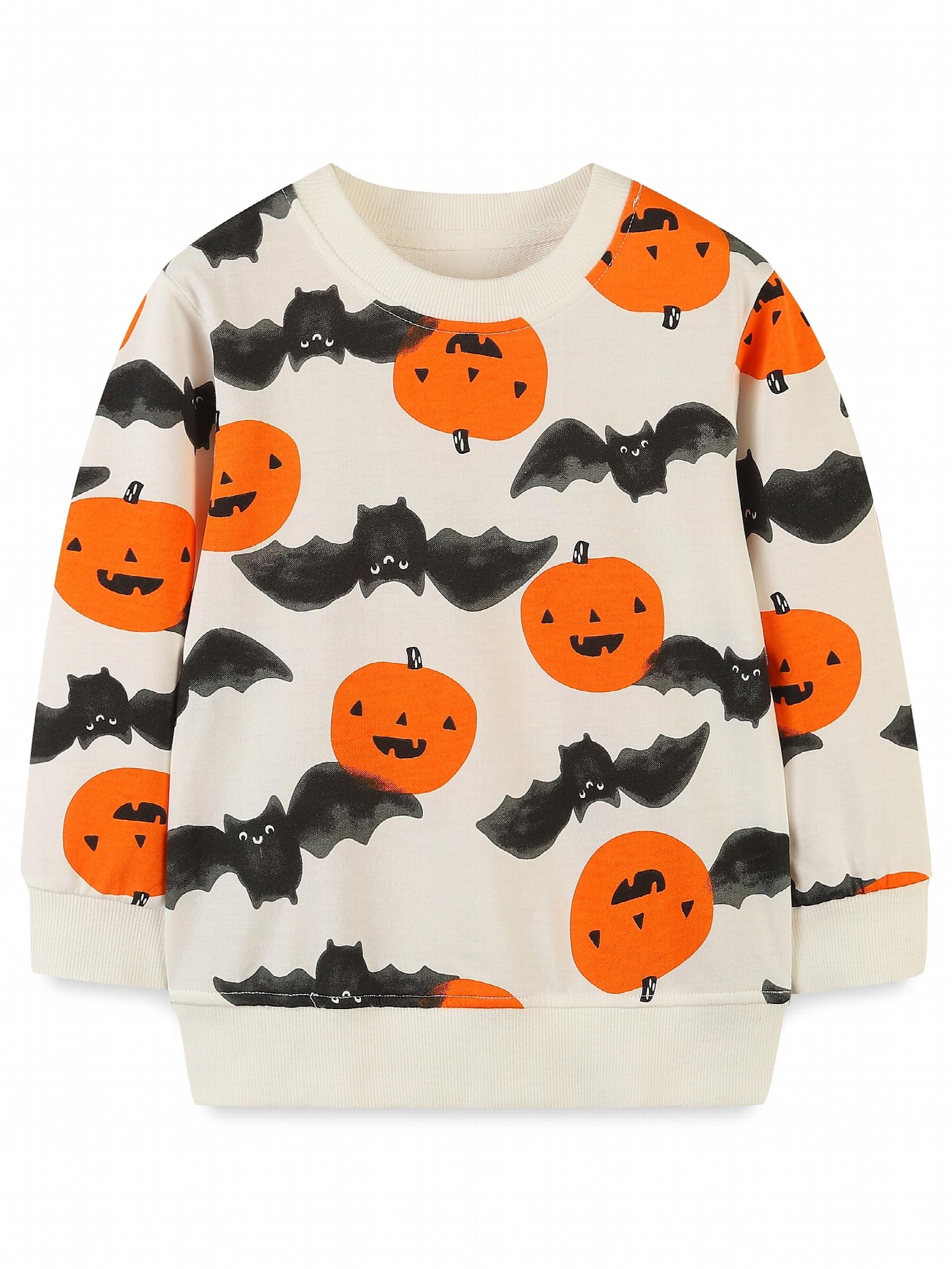 Halloween Pumpkin Bat Print Boys Sweatshirt Long Sleeve Crew Neck