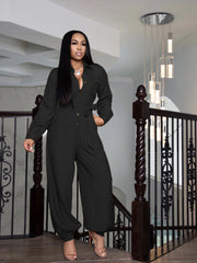 Solid Button Front Jumpsuit Long Sleeve Collared Women's Clothing