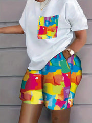Casual Outfits Two Piece Set Women's Plus Print Top & Short Set