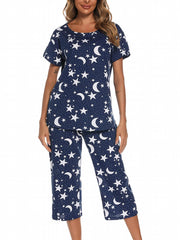 Star Print Pajama Set Short Sleeve Round Neck Top & Elastic Waistband