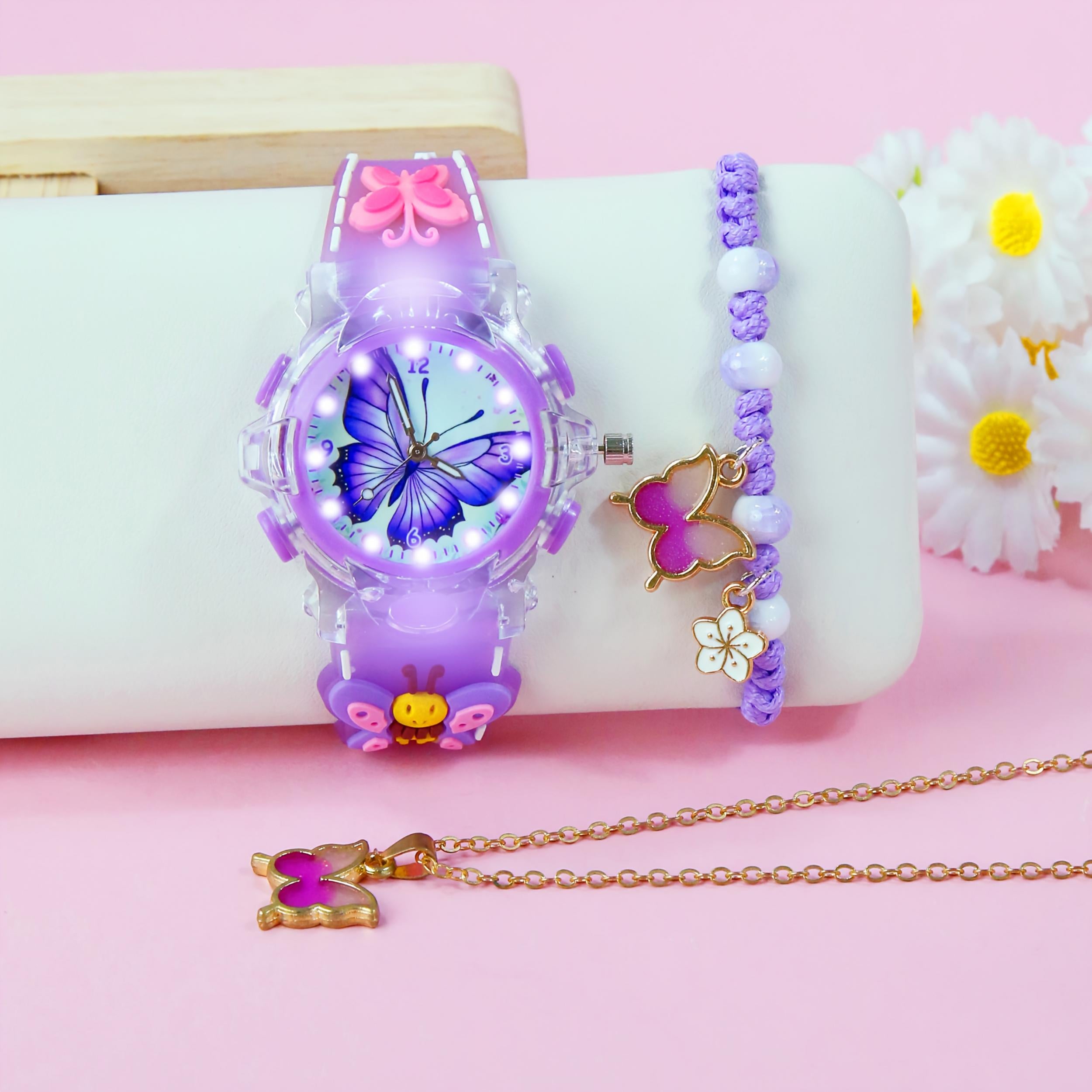 Girls' Glowing LED Night Light Watch & Jewelry Set Pastel Pink