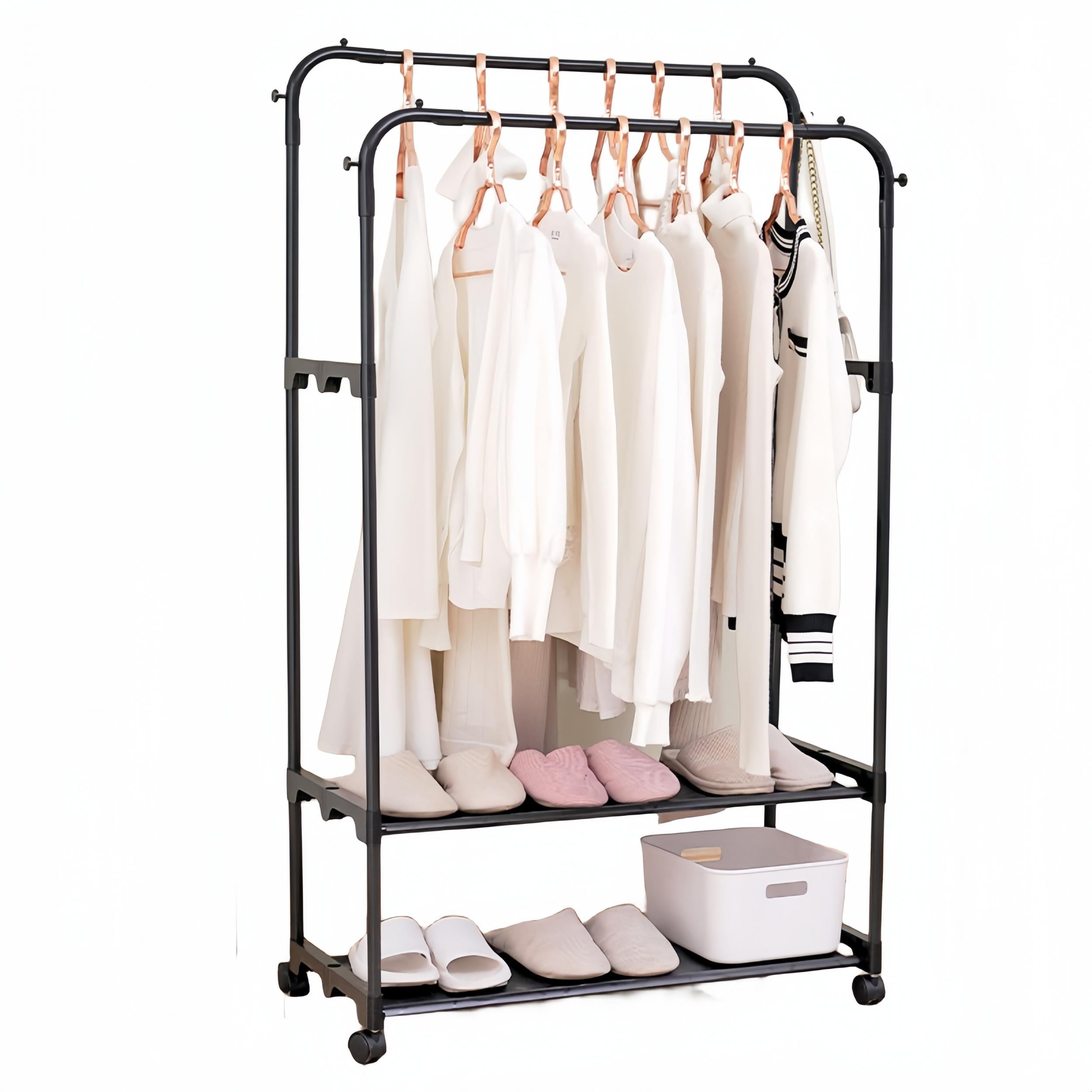 Standing Clothes Rack with Top Rod Lower Storage and Hooks Coat Rack