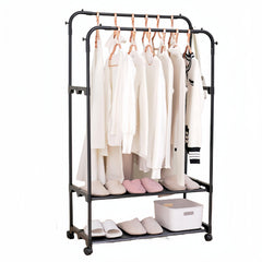 Standing Clothes Rack with Top Rod Lower Storage and Hooks Coat Rack