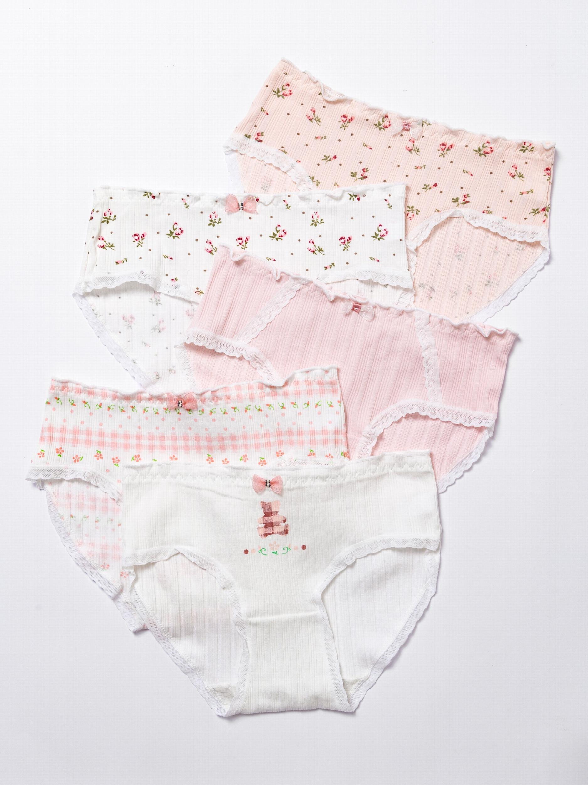 4pcs Girls Triangle Panties Floral Print Lace Elastic Waist Soft Comfort