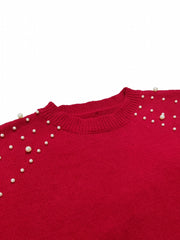 Solid Faux Pearl Long Sleeve Knitted Pullover Jumper
