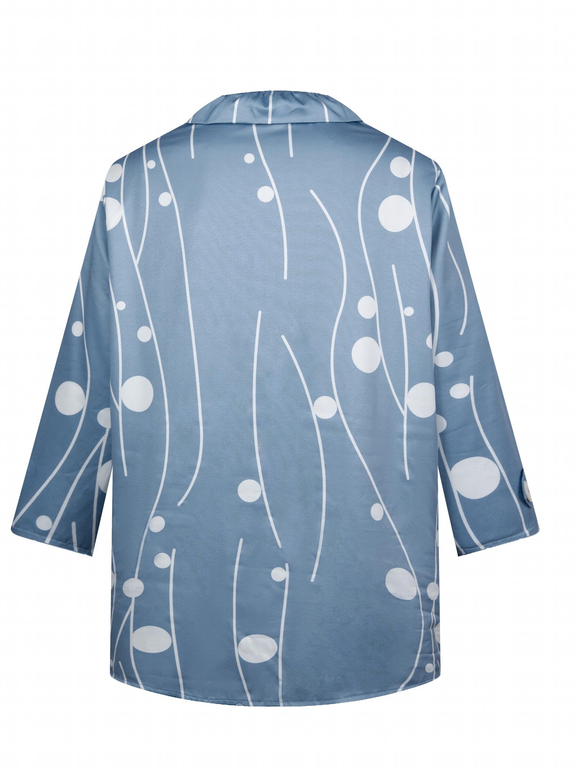 Dot & Stripe Print Button Up 3/4 Sleeve Ruffle Trim Shirt