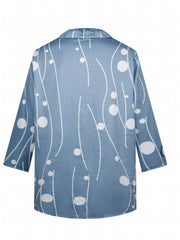 Dot & Stripe Print Button Up 3/4 Sleeve Ruffle Trim Shirt