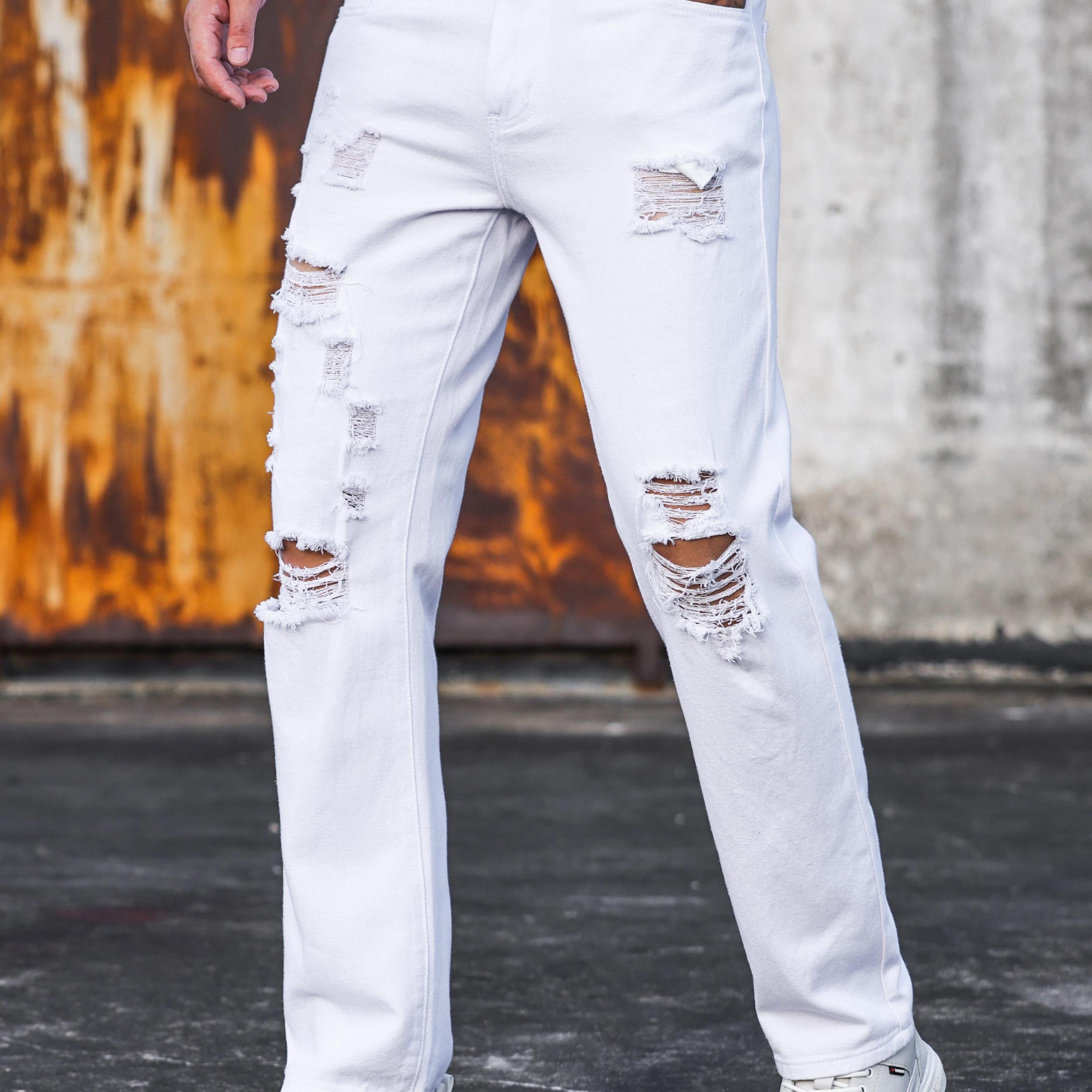 Men's Slim Fit Ripped Jeans Casual Street Style Distressed Denim Pants