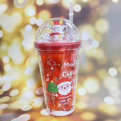 460ml Christmas Series Double Layer Water Cup With Straw And Lid