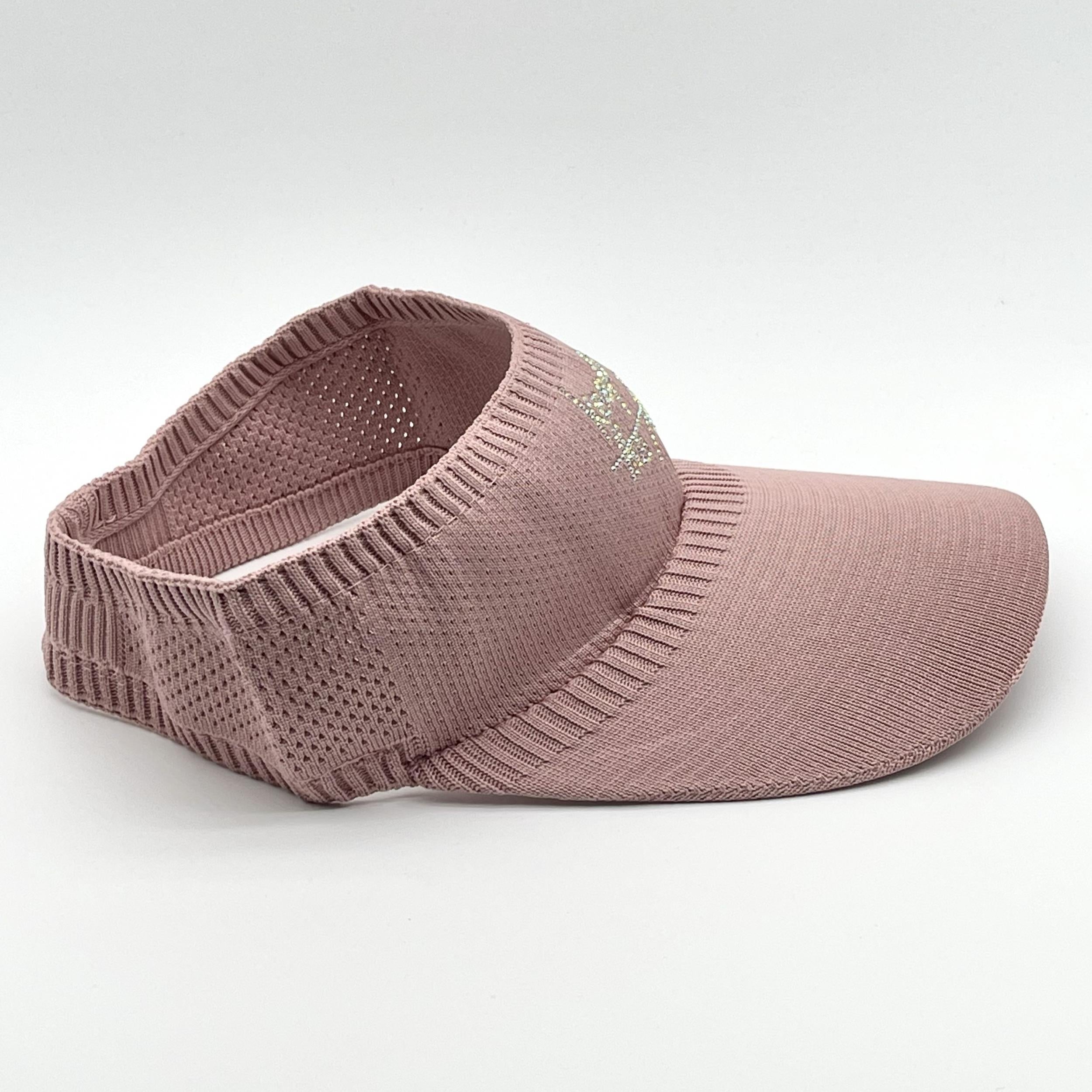 Pink Rhinestone Knitted Visor Hat UV Protection Lightweight Baseball Cap