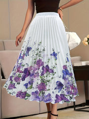 Floral Print Elastic High Rise Pleated Plus Size Maxi Skirt