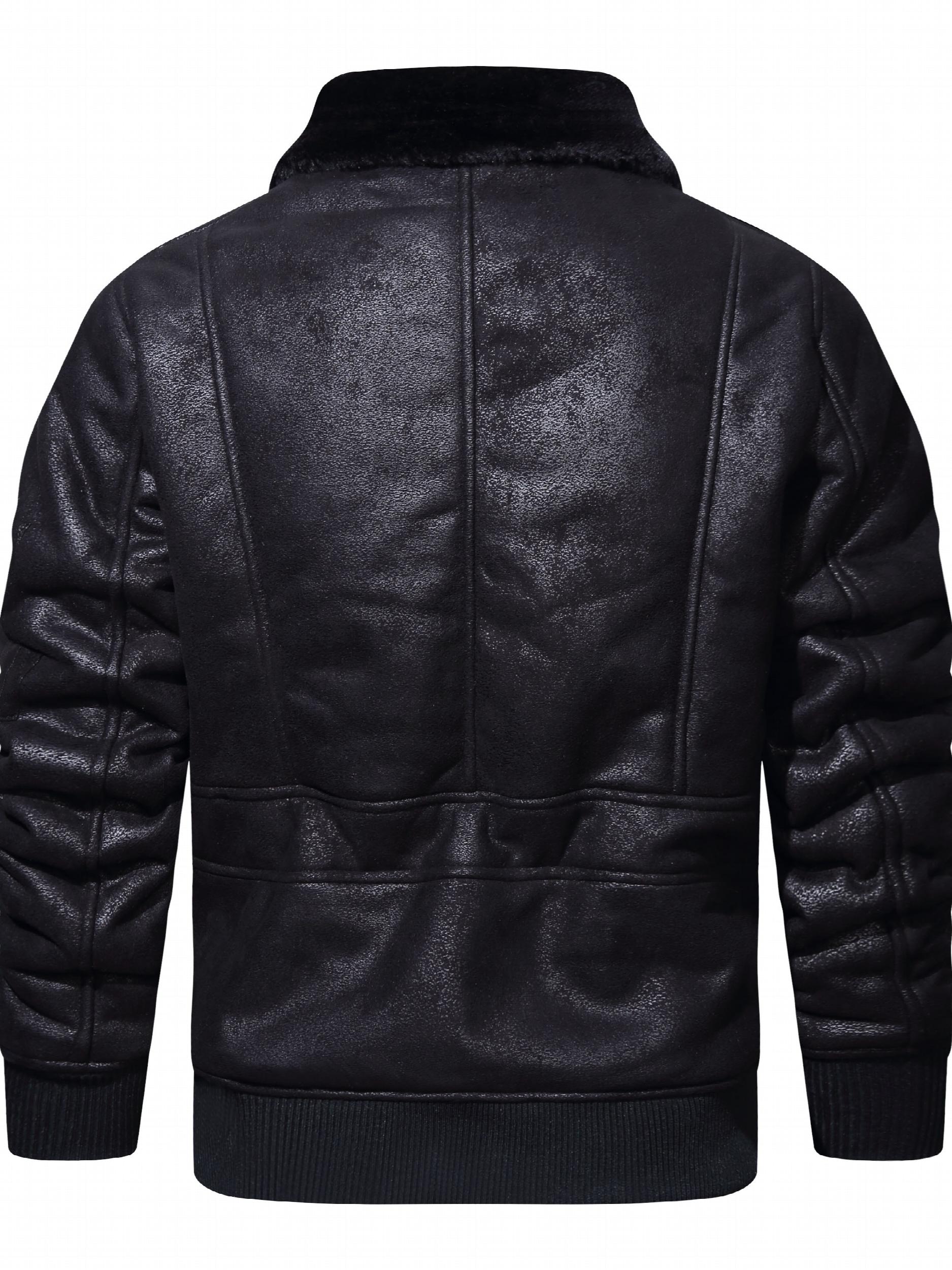 Men's Fleece PU Jacket Zip Up Lapel Leather Jacket Fall Winter