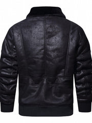 Men's Fleece PU Jacket Zip Up Lapel Leather Jacket Fall Winter