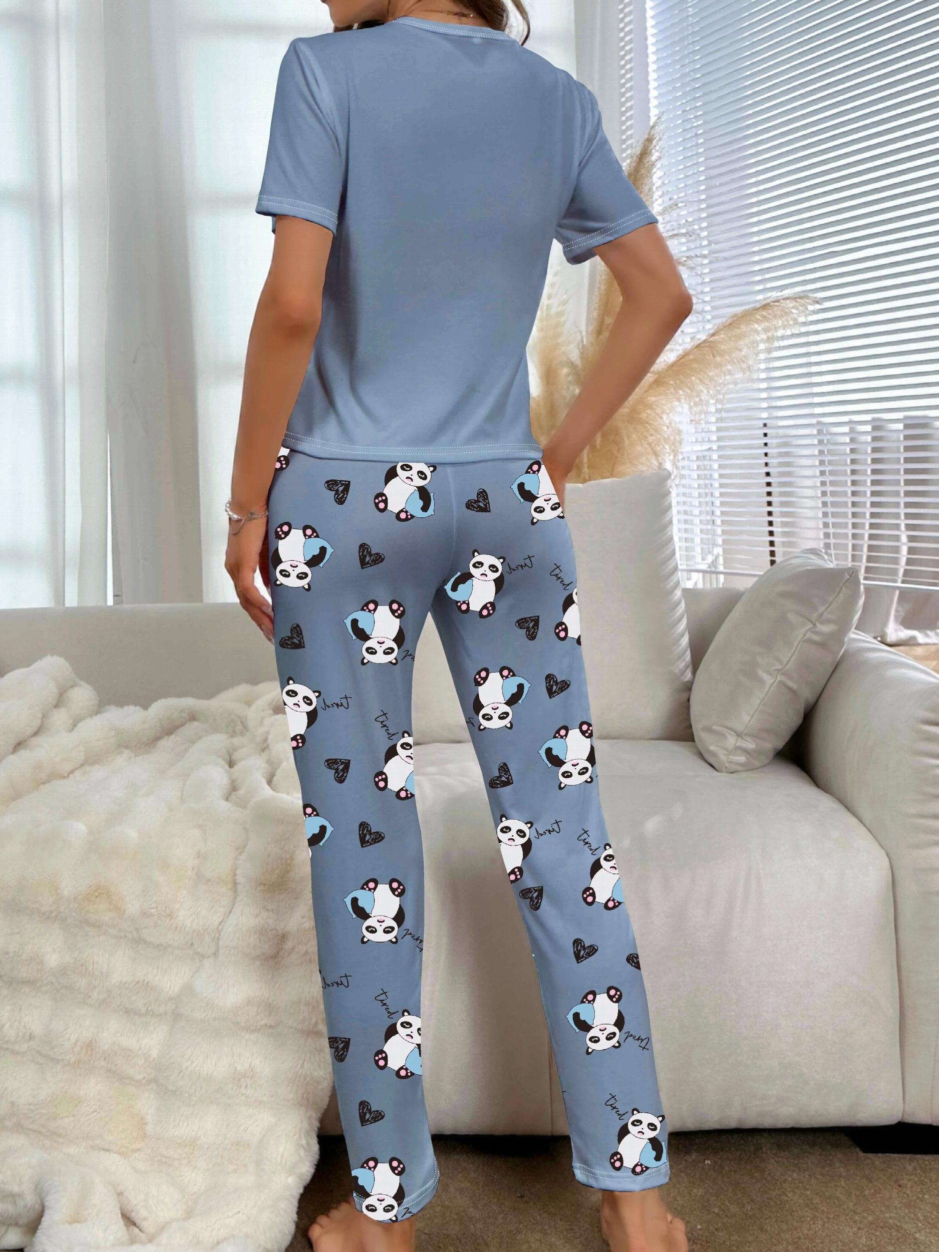 Panda Print Pajama Set Short Sleeve Crew Neck Top & Pants
