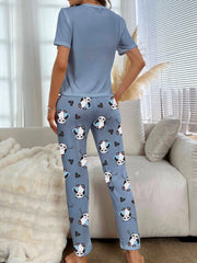 Panda Print Pajama Set Short Sleeve Crew Neck Top & Pants