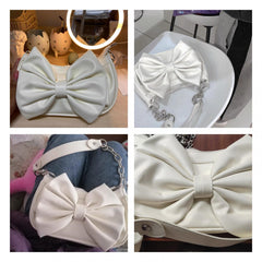 Vintage Bow Shoulder Bags for Women Solid Girls Pu Leather Crossbody Clutch Fema