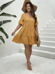 Heart Print Bell Sleeve V Neck Smock Dress