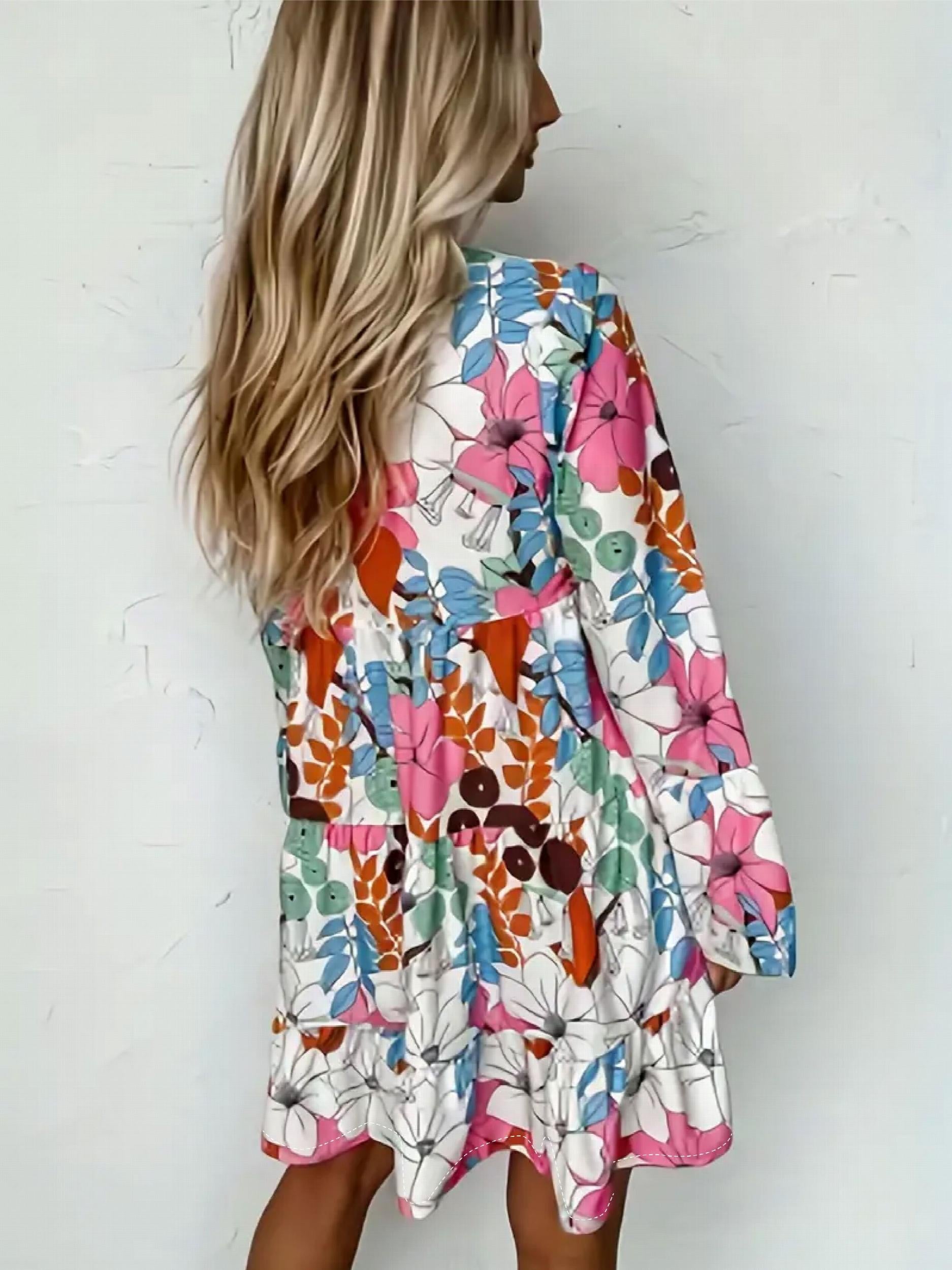 Womens Floral Print Bell Sleeve V Neck Smock Dress