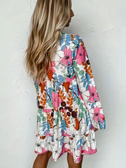 Womens Floral Print Bell Sleeve V Neck Smock Dress