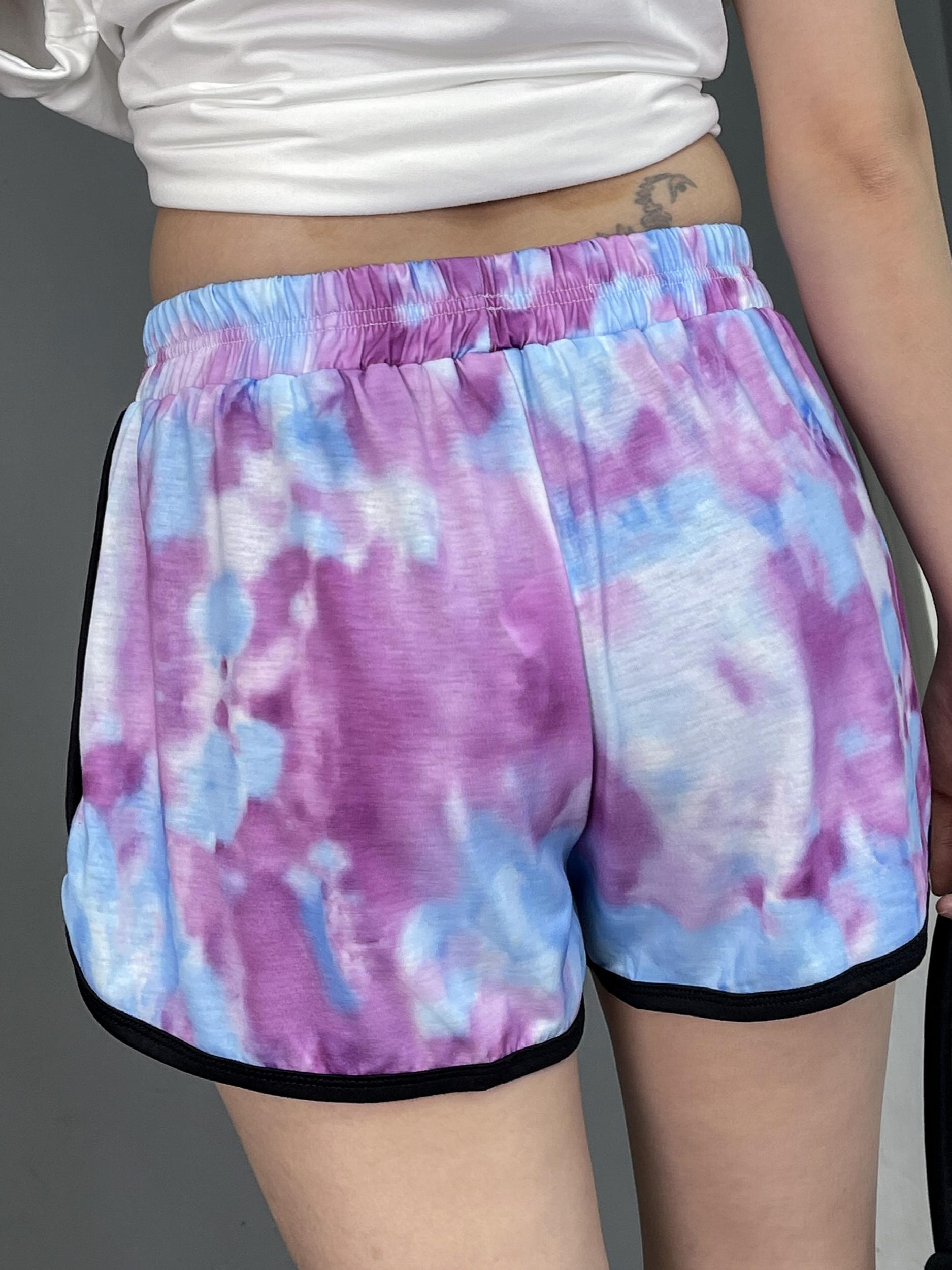 Tie Dye Contrast Trim Shorts Casual Sporty Elastic Waist Women's Clothing