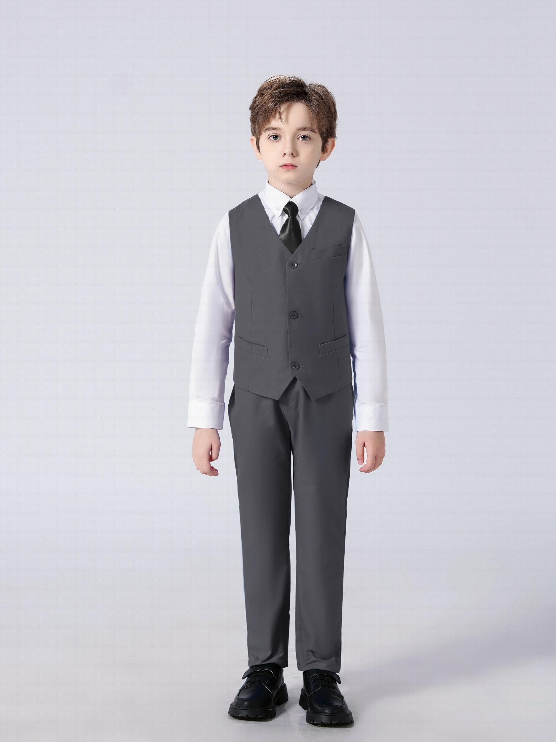 4pcs Boys Slim Fit Gentleman Outfit Set Long Sleeve Shirt&Pants&Vest&Tie