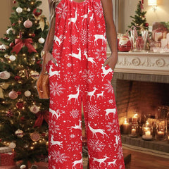 Christmas Cami Jumpsuit Women's Plus Deer & Snowflake Print Wide Leg