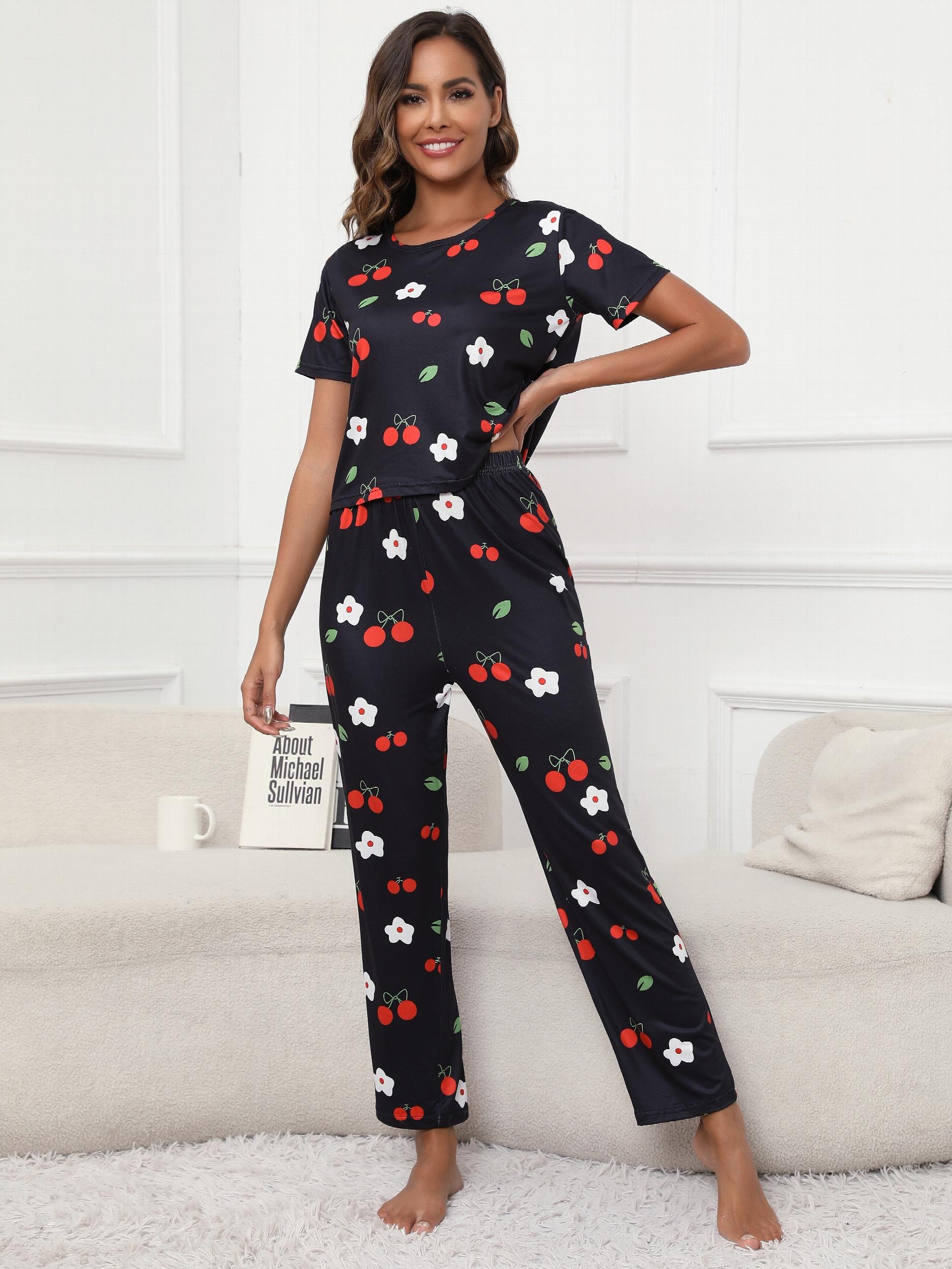 Floral & Cherry Print Pajama Set Short Sleeve Top & Pants Women's Sleepwear