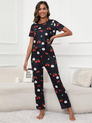 Floral & Cherry Print Pajama Set Short Sleeve Top & Pants Women's Sleepwear