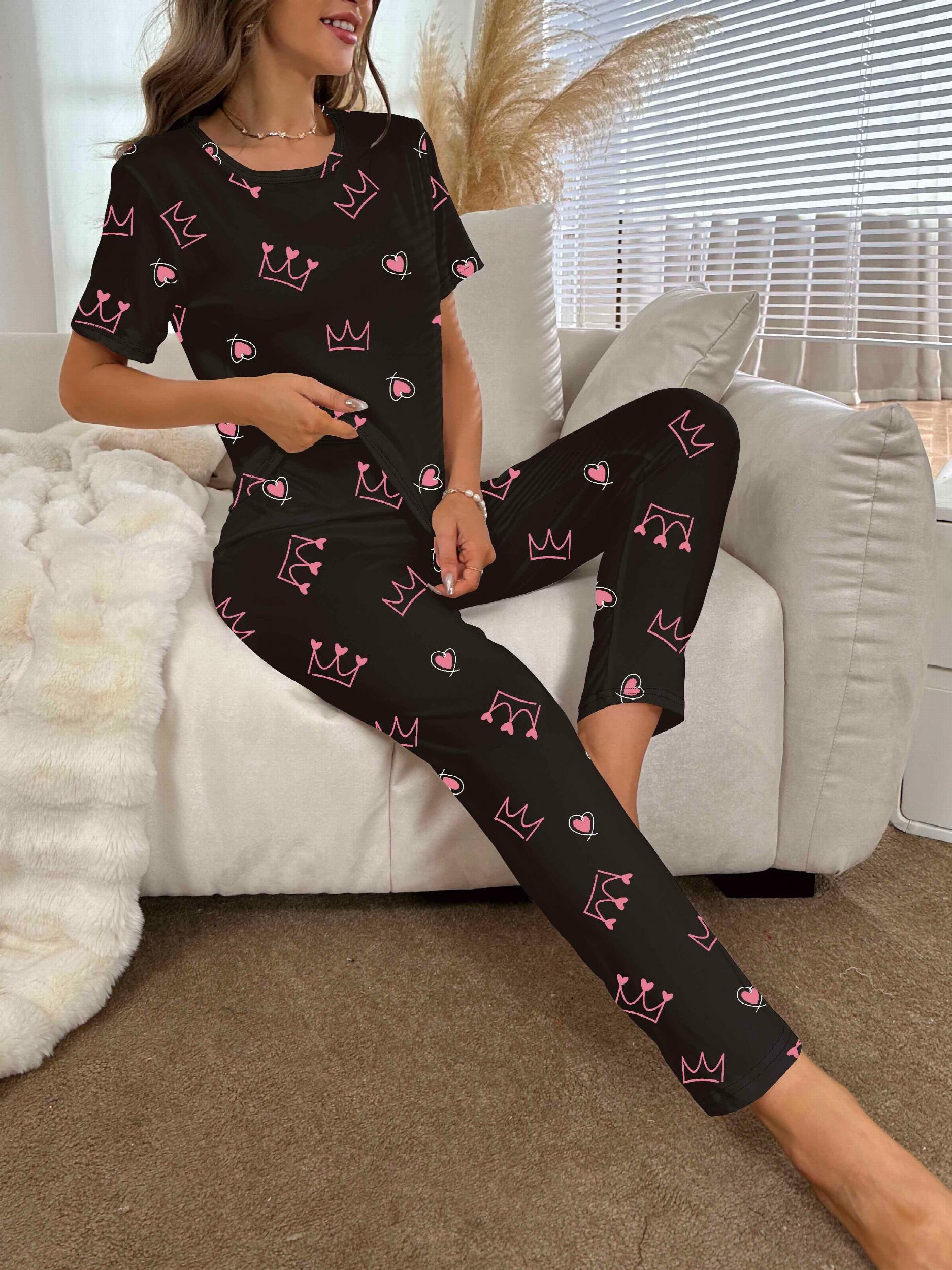 Crown Print Pajama Set Short Sleeve Crew Neck Top & Elastic Waistband Pants
