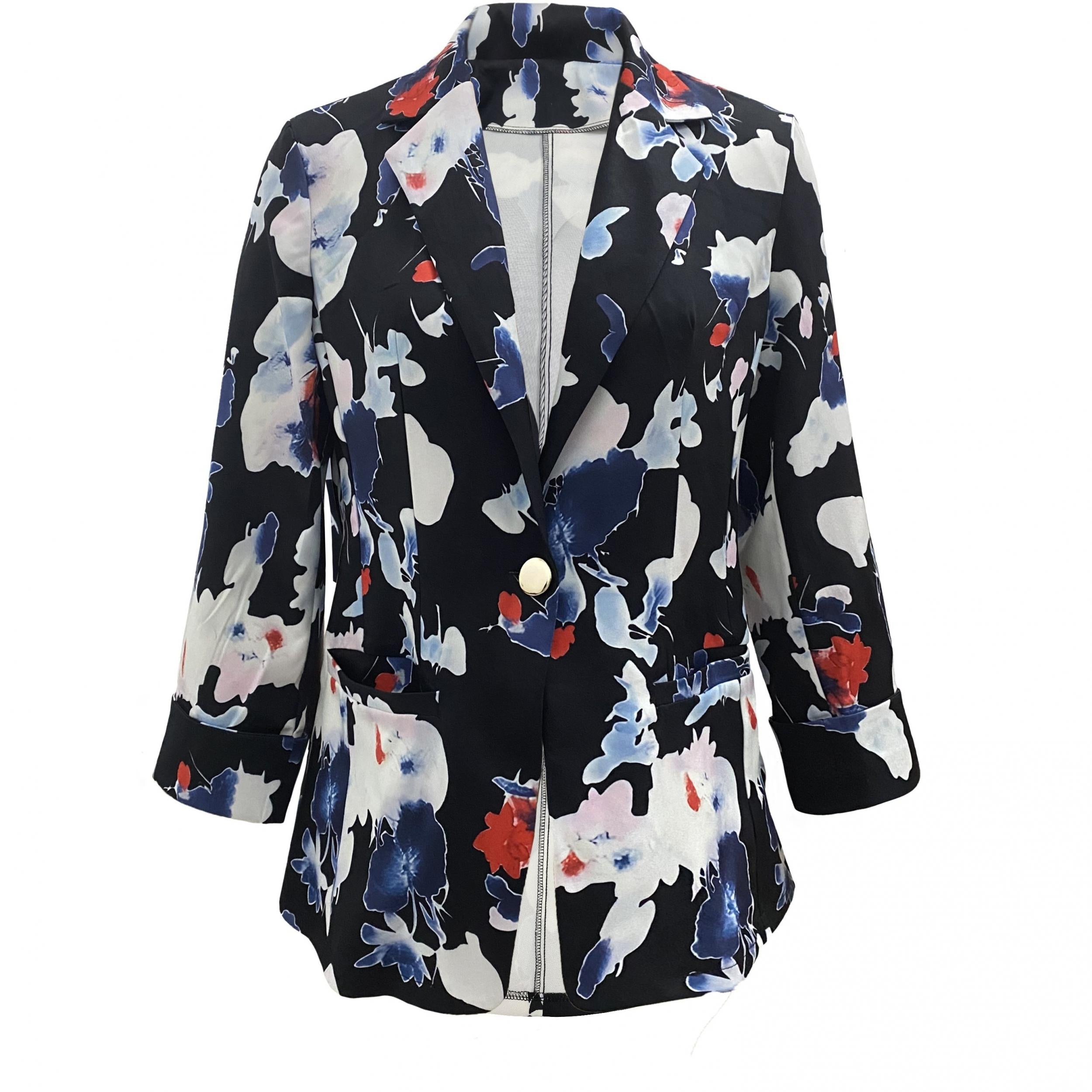 Floral Print Button Front Blazer Lapel Long Sleeve Blazer For Office & Work