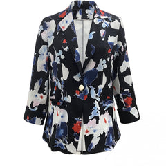 Floral Print Button Front Blazer Lapel Long Sleeve Blazer For Office & Work