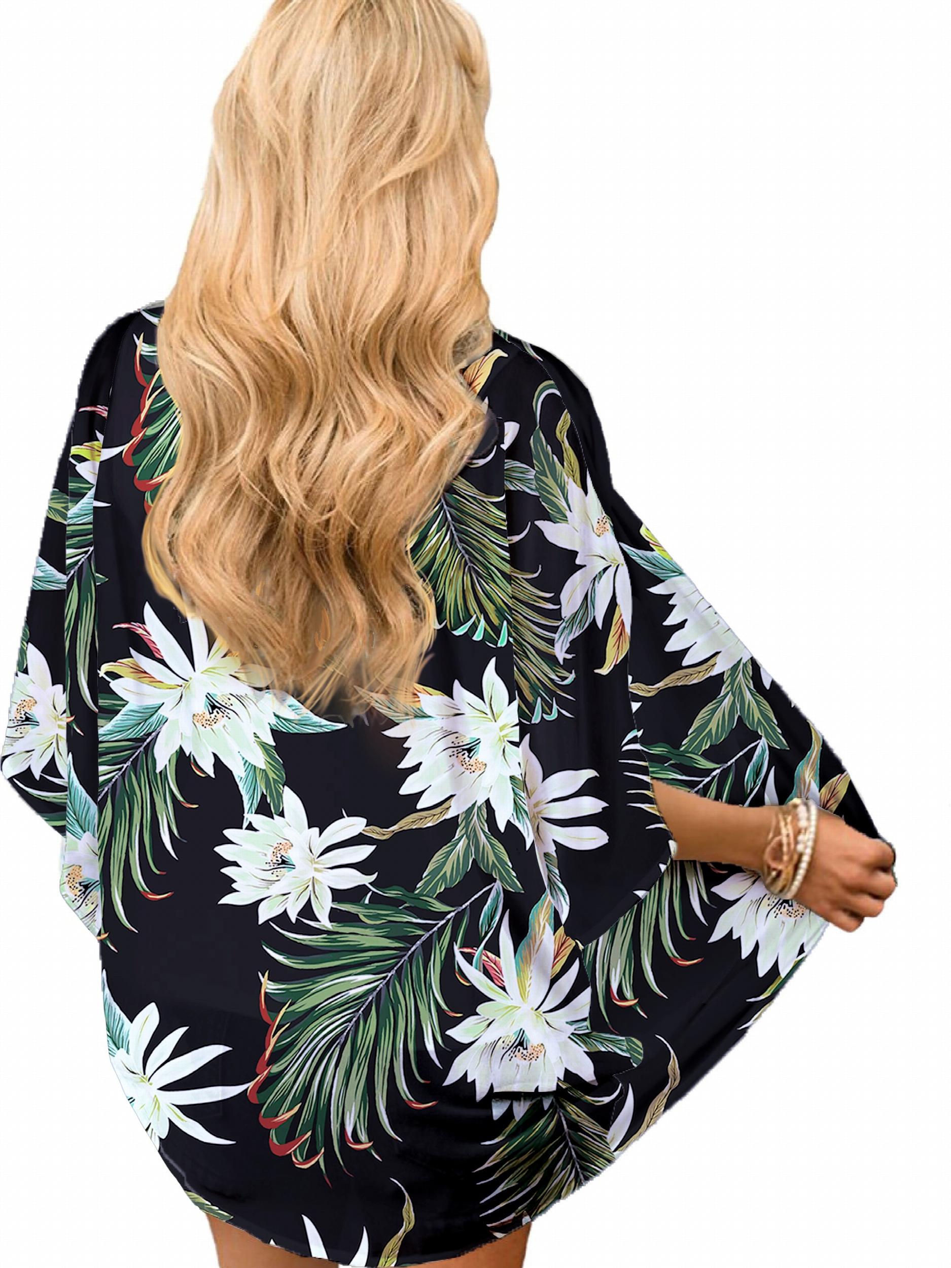 Floral Print Cover Up Shirt V Neck Loose Fit Half Sleeves Beachwear