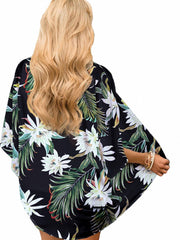 Floral Print Cover Up Shirt V Neck Loose Fit Half Sleeves Beachwear