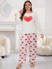 Heart Print Long Sleeve Tee & Pants Pajamas Set