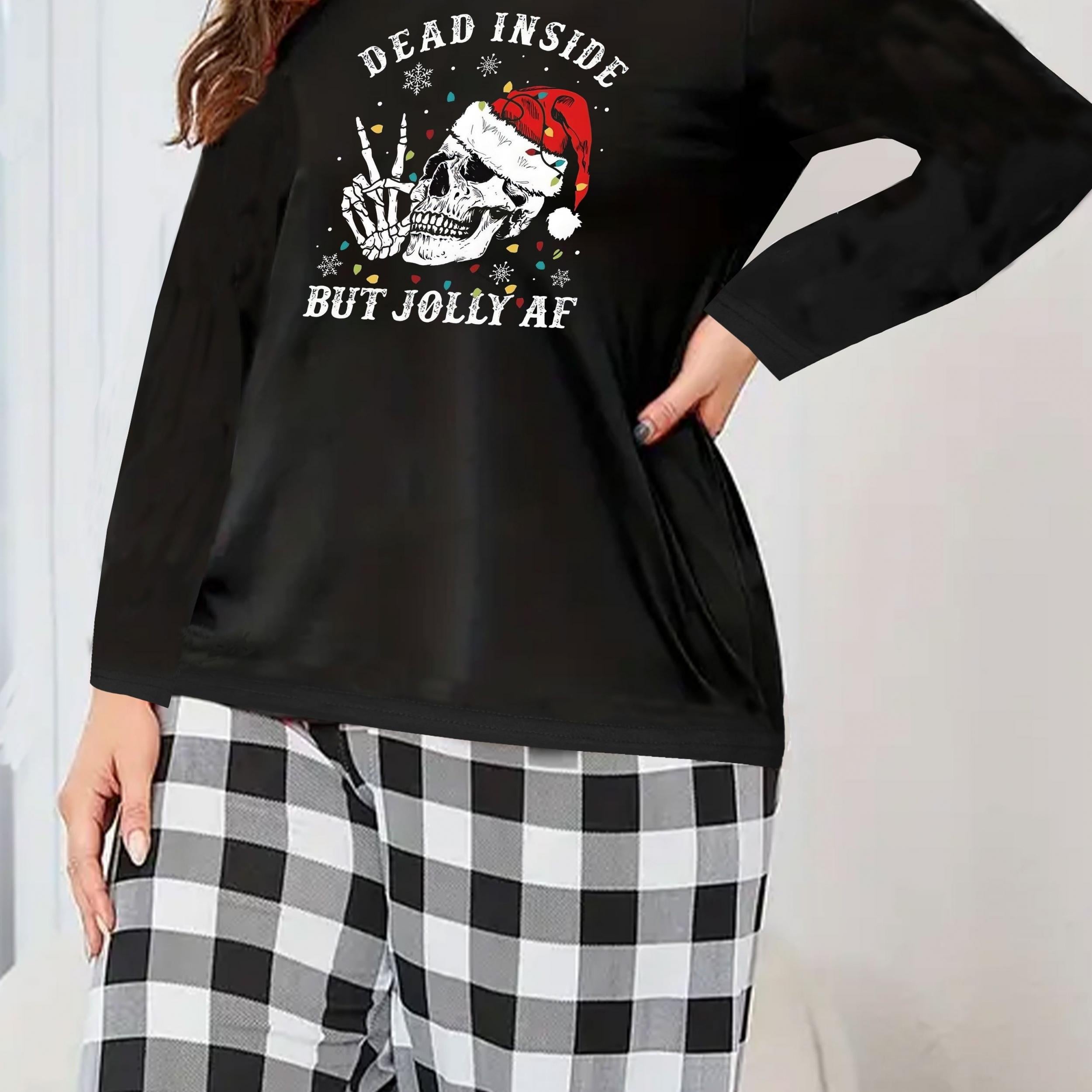 Plus Size Christmas Lounge Set Women's Long Sleeve Hat Skull & Slogan Print