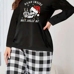 Plus Size Christmas Lounge Set Women's Long Sleeve Hat Skull & Slogan Print