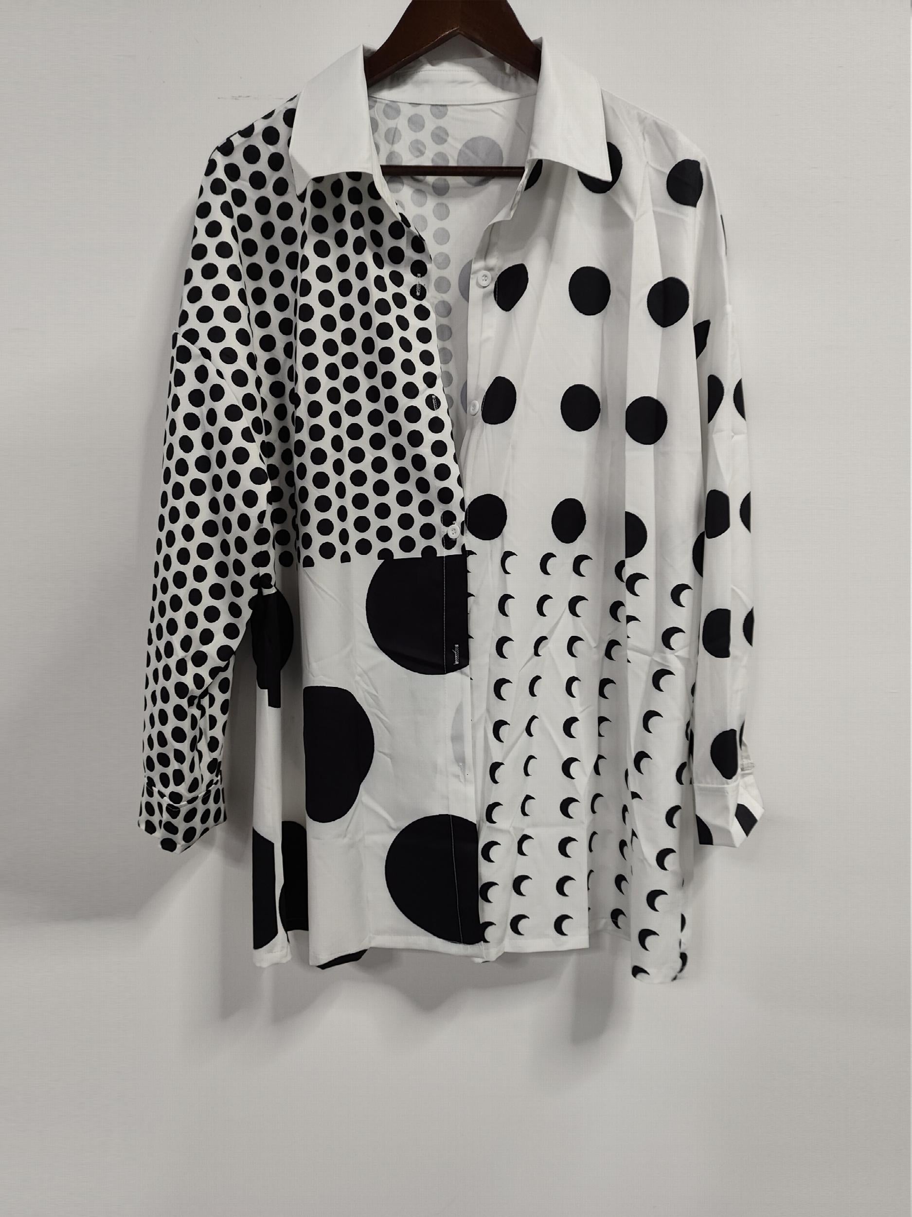 Dot Print Button Up Collar Blouse