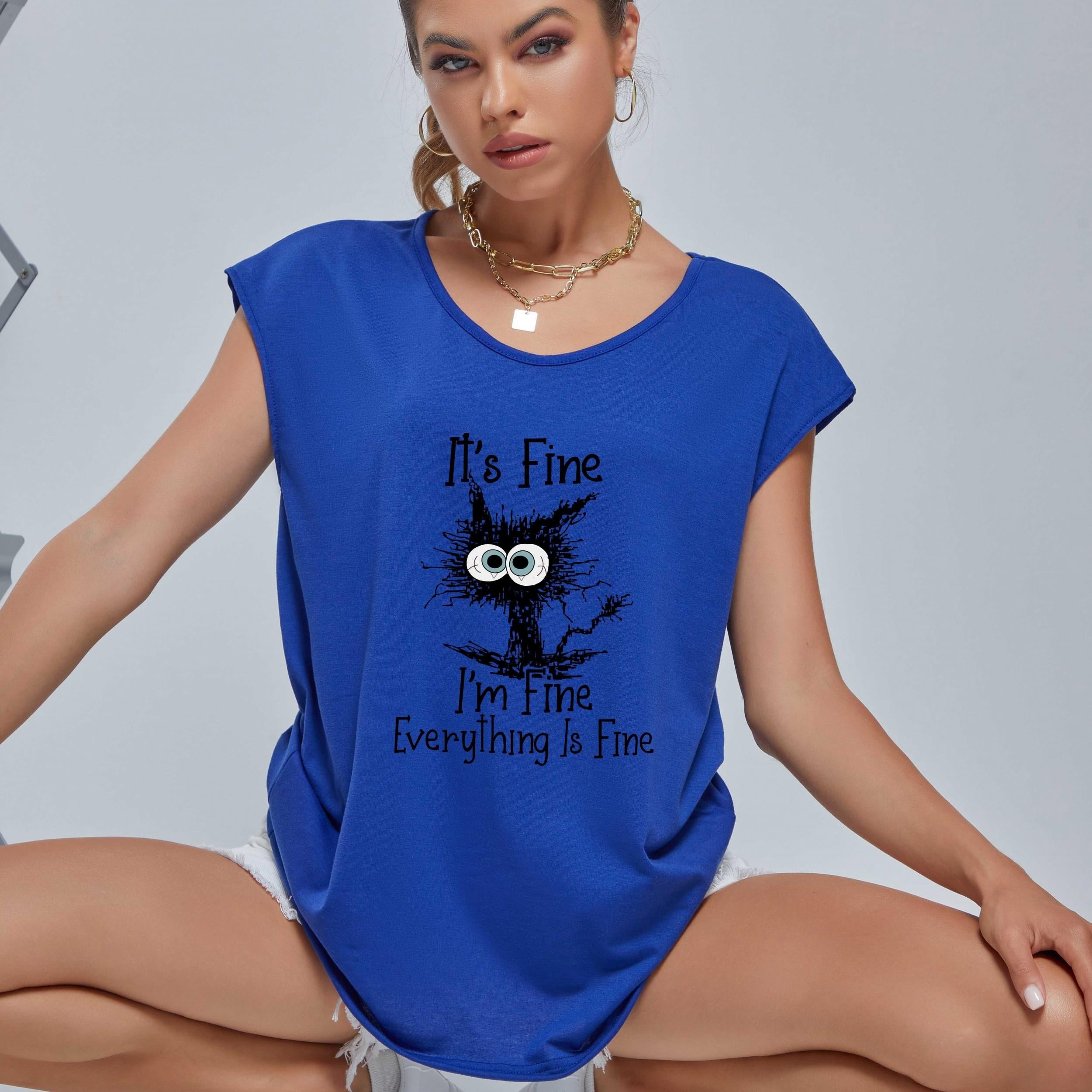 Cartoon Cat V-Neck Short Sleeve T-Shirt for Women
