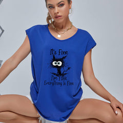 Cartoon Cat V-Neck Short Sleeve T-Shirt for Women