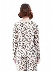 Leopard Print Lounge Top Cozy V Neck Flannel Women's Loungewear