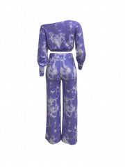 Tie Dye Two piece Set Long Sleeve Crop Top & Wide Leg Pants