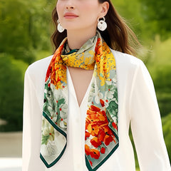 Floral Double Sided Silk Scarf 70x70cm Vibrant Orange Red Green Flowers