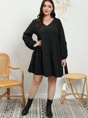 V Neck Mini Smock Dress Lantern Sleeve