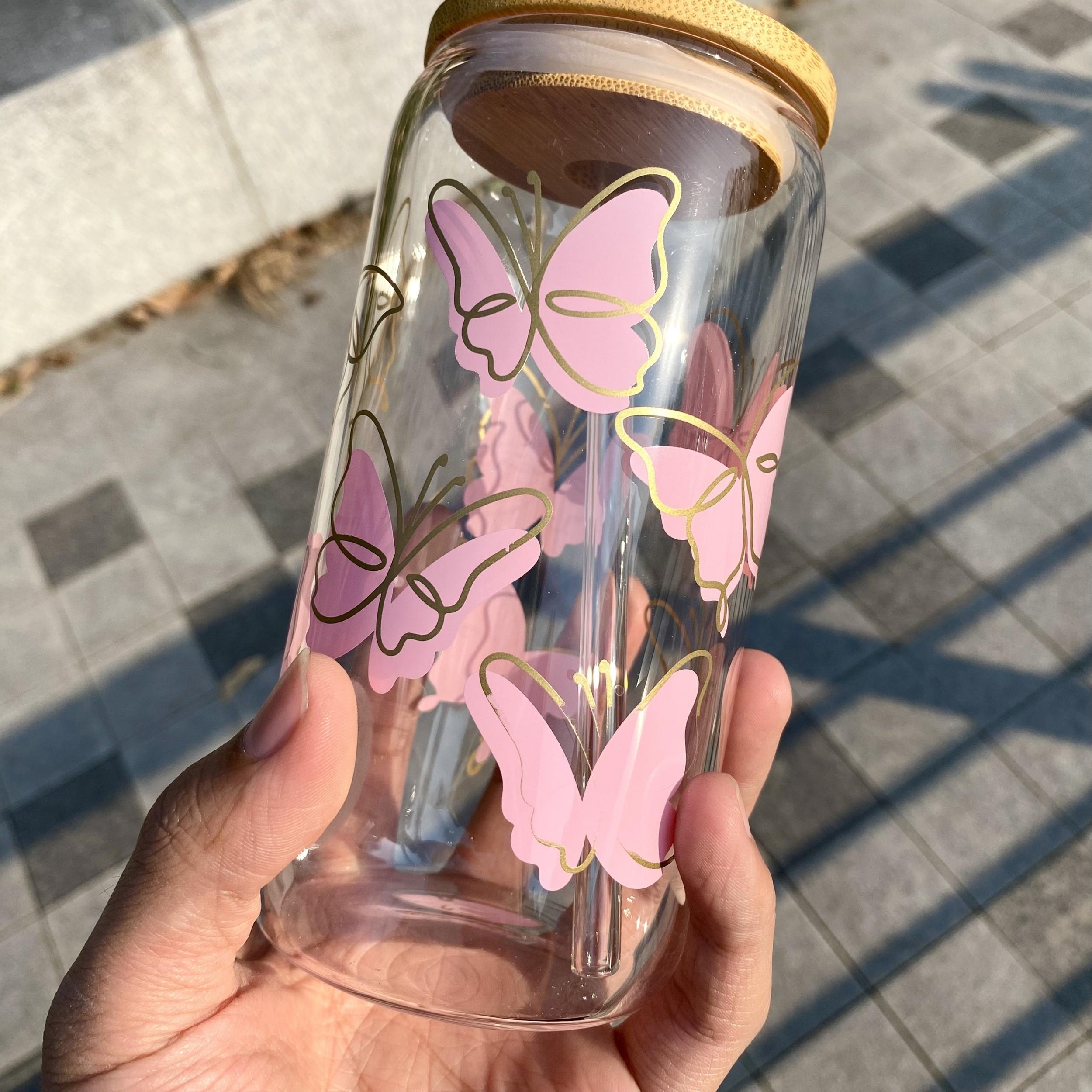 Golden Edge Pink Butterfly Tumbler Cup with Lid and Straw
