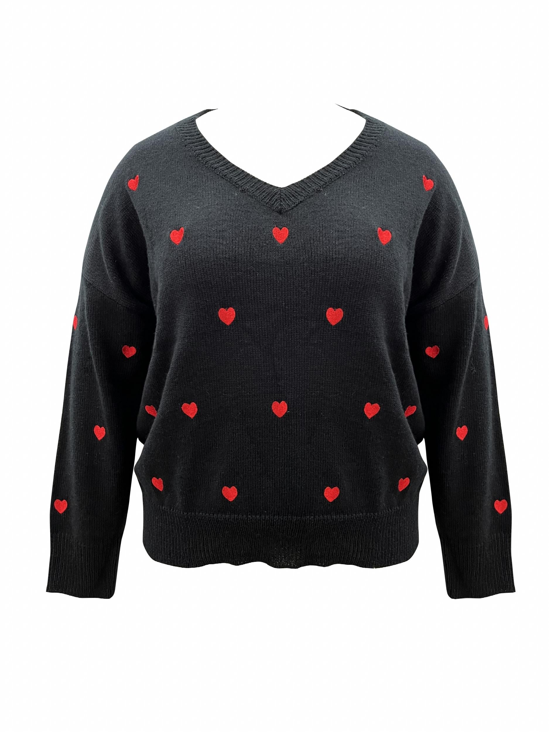 Heart Print Drop Shoulder V Neck Sweater